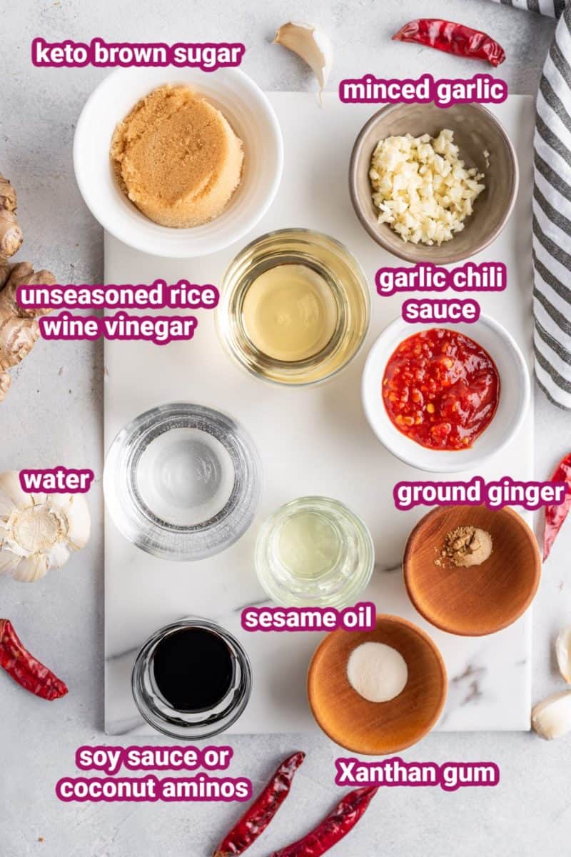 the ingredients in sugar free sweet chili sauce on a cutting board