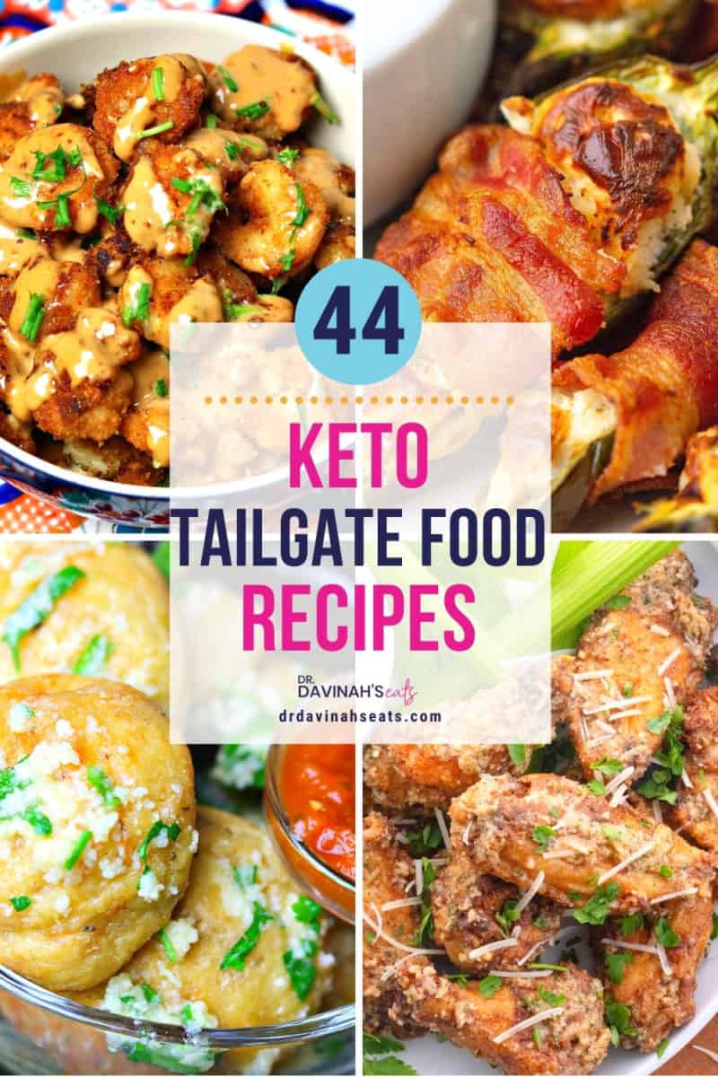 pinterest image for keto tailgate food like keto bang bang shrimp, jalapeño poppers, keto bread bites, and Garlic Parmesan wings