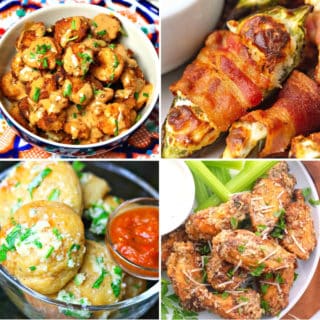 keto tailgate food like keto bang bang shrimp, jalapeño poppers, keto bread bites, and Garlic Parmesan wings