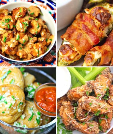 keto tailgate food like keto bang bang shrimp, jalapeño poppers, keto bread bites, and Garlic Parmesan wings