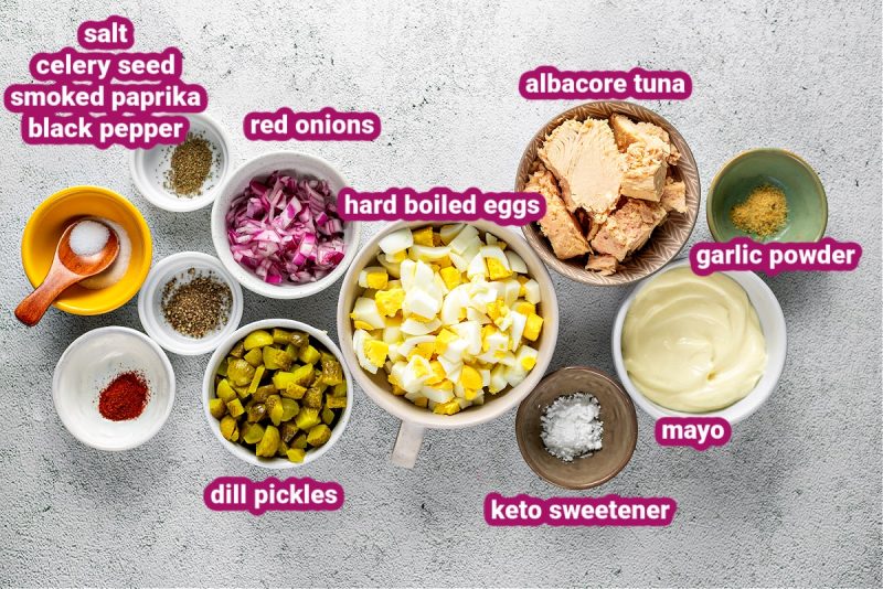 a photo of all the ingredients used to make keto tuna salad