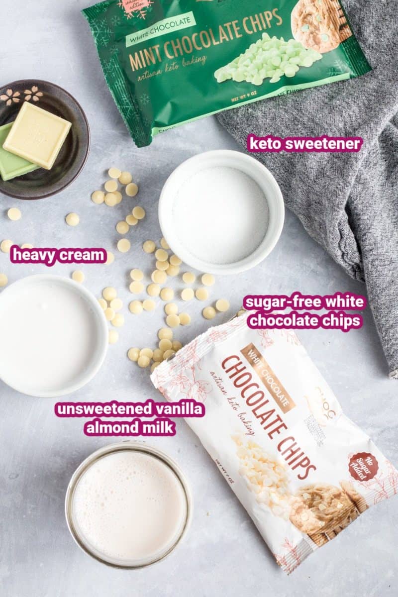 ingredients for sugar-free white hot chocolate on a flat surface