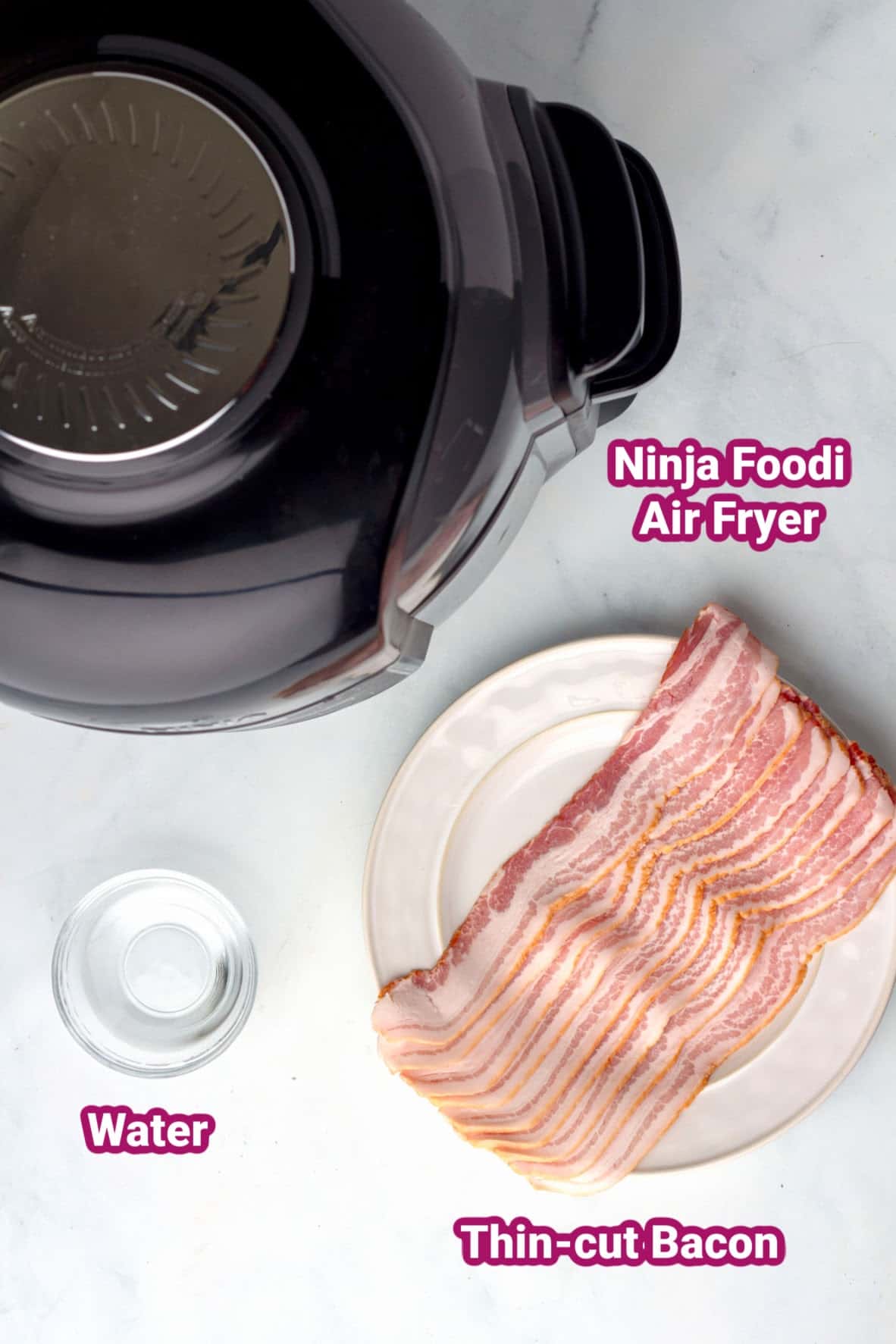 Overhead view of the labeled ingredients and tools needed for crispy air fryer bacon: a Ninja Foodi air fryer, a glass of water, and a plate of thin-cut bacon