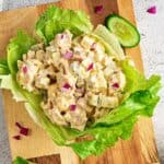 a close up of keto tuna salad sitting in a lettuce cup