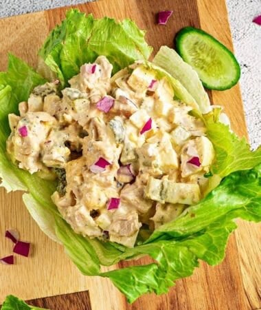 a close up of keto tuna salad sitting in a lettuce cup