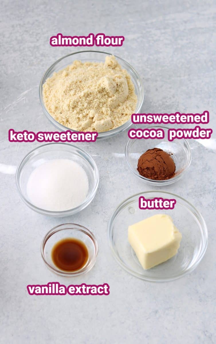 keto no bake cheesecake crust ingredients - vanilla, keto sweetener, butter, and almond flour