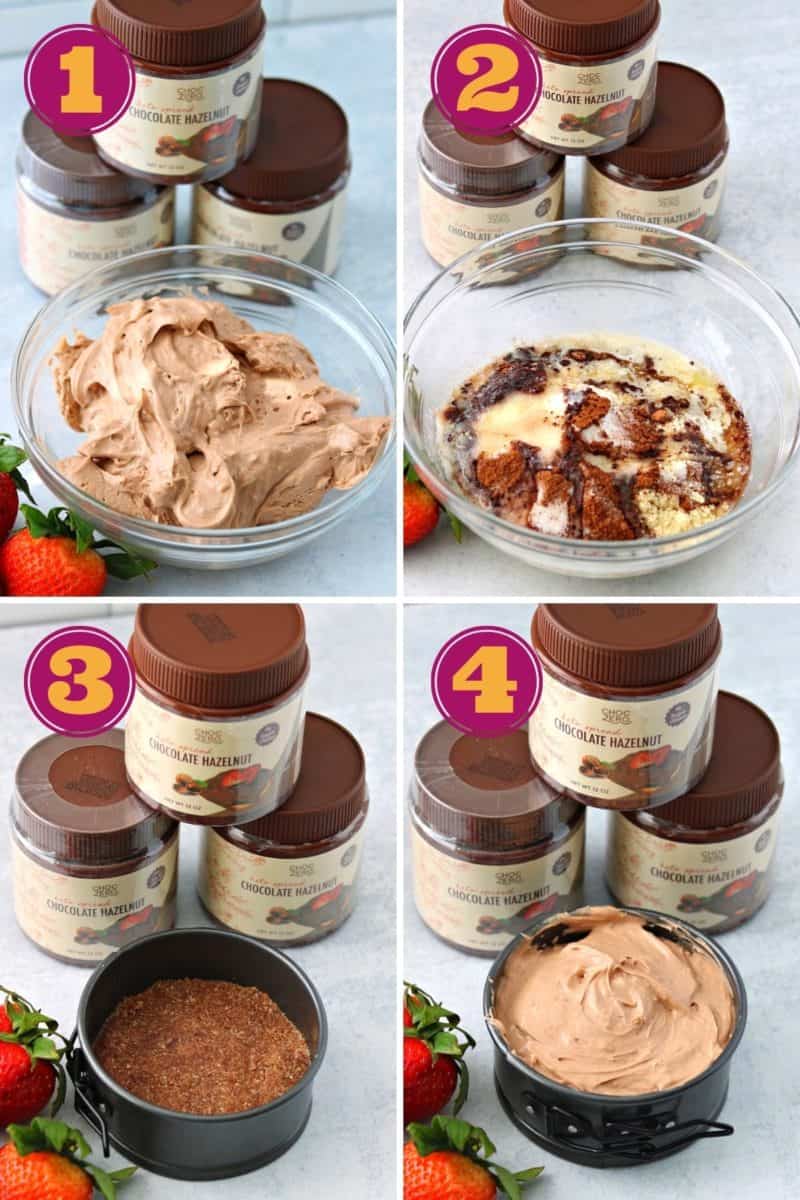 step by step photo tutorial for how to make keto Nutella no bake chocolate hazelnut cheesecake