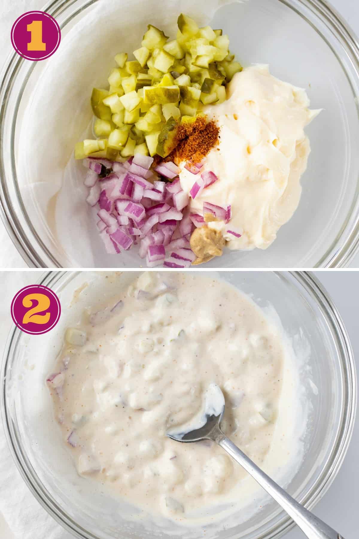 step-by-step instructions for how to make tartar sauce keto by adding all the ingredients in a mixing bowl and mixing until the homemade tartar sauce ingredients are incorporated