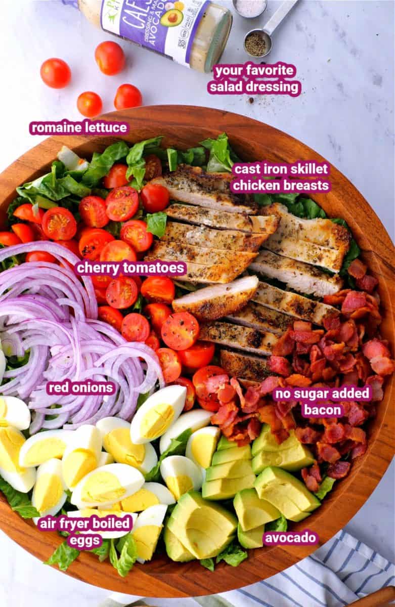 ingredients for keto chicken Cobb Salad in a bowl with text labels for things like avocado, chicken, eggs, tomatoes, red onions, bacon and romaine lettuce