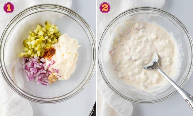 a two-step photo collage for how to make homemade tartar sauce. Add all of the ingredients to a bowl and mix.