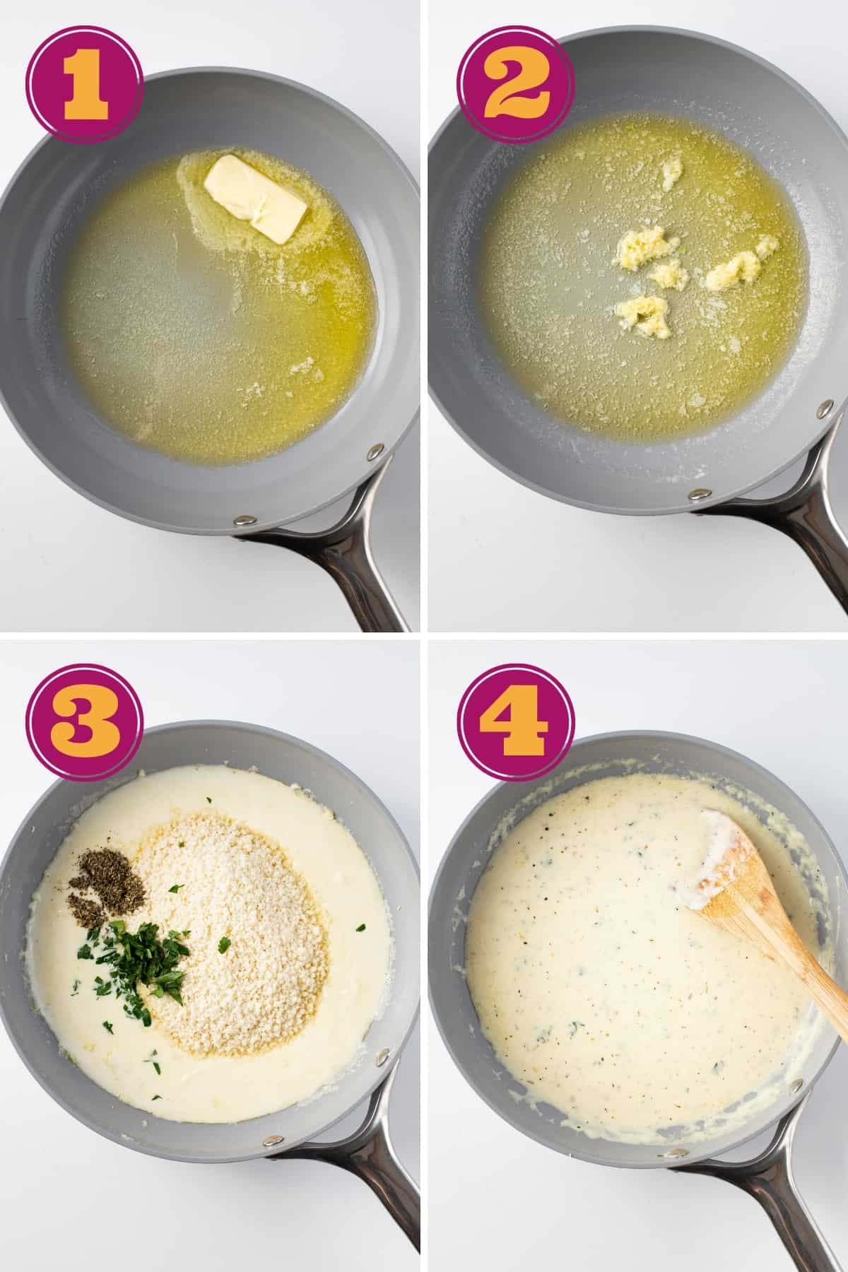 a photo tutorial for how to make Keto Alfredo sauce in four steps