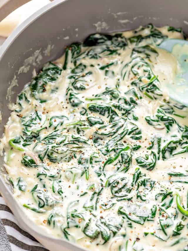 a close-up photo of keto creamed spinach in a pot