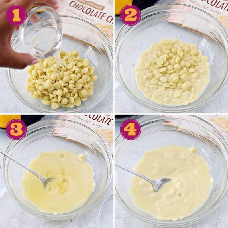 a photo tutorial for how to make a sugar-free white chocolate glaze with coconut oil and lemon juice