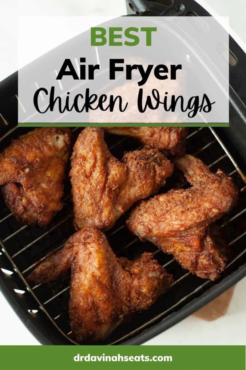 Poster with chicken wings in an air fryer basket with a banner that says, "Best Air Fryer Chicken Wings"