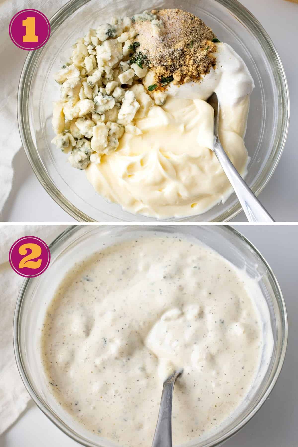 step-by-step instructions for how to make keto blue cheese dressing in two steps by adding chunks of blue cheese, mayo and spices to a bowl and mixing them
