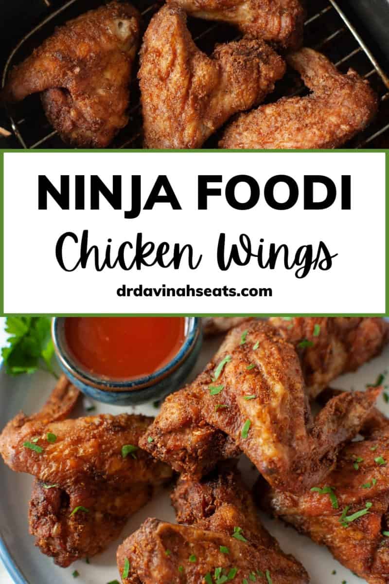Poster of wings on a plate with a bowl of sauce, and a banner that says, "Ninja Foodi Chicken Wings"