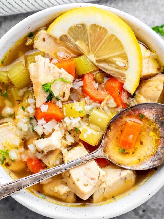 keto chicken vegetable soup in a bowl with a spoon on top