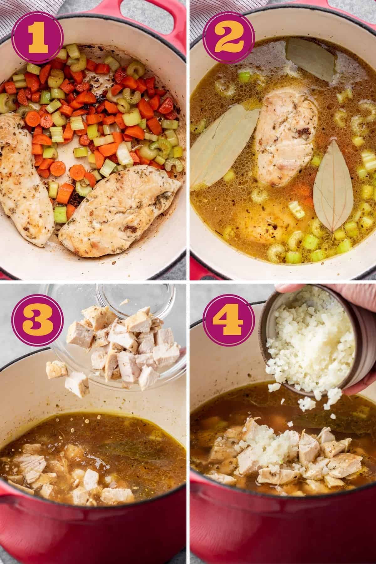 a step-by-step photo tutorial showing searing the chicken and vegetables, boiling the chicken in liquid, adding the chicken cubes, and then the cauliflower rice