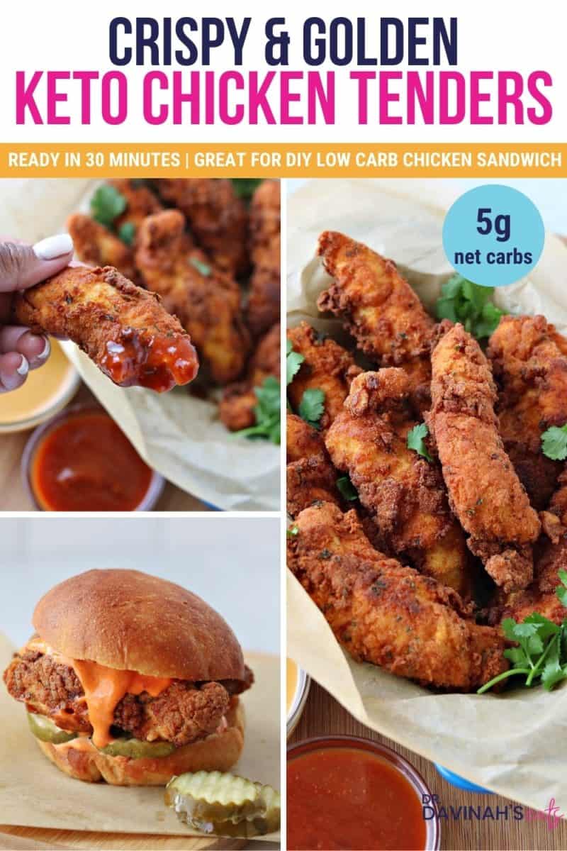 pinterest image collage for keto chicken tenders that says low carb 5g net carbs and great for diy Popeye's chicken sandwich