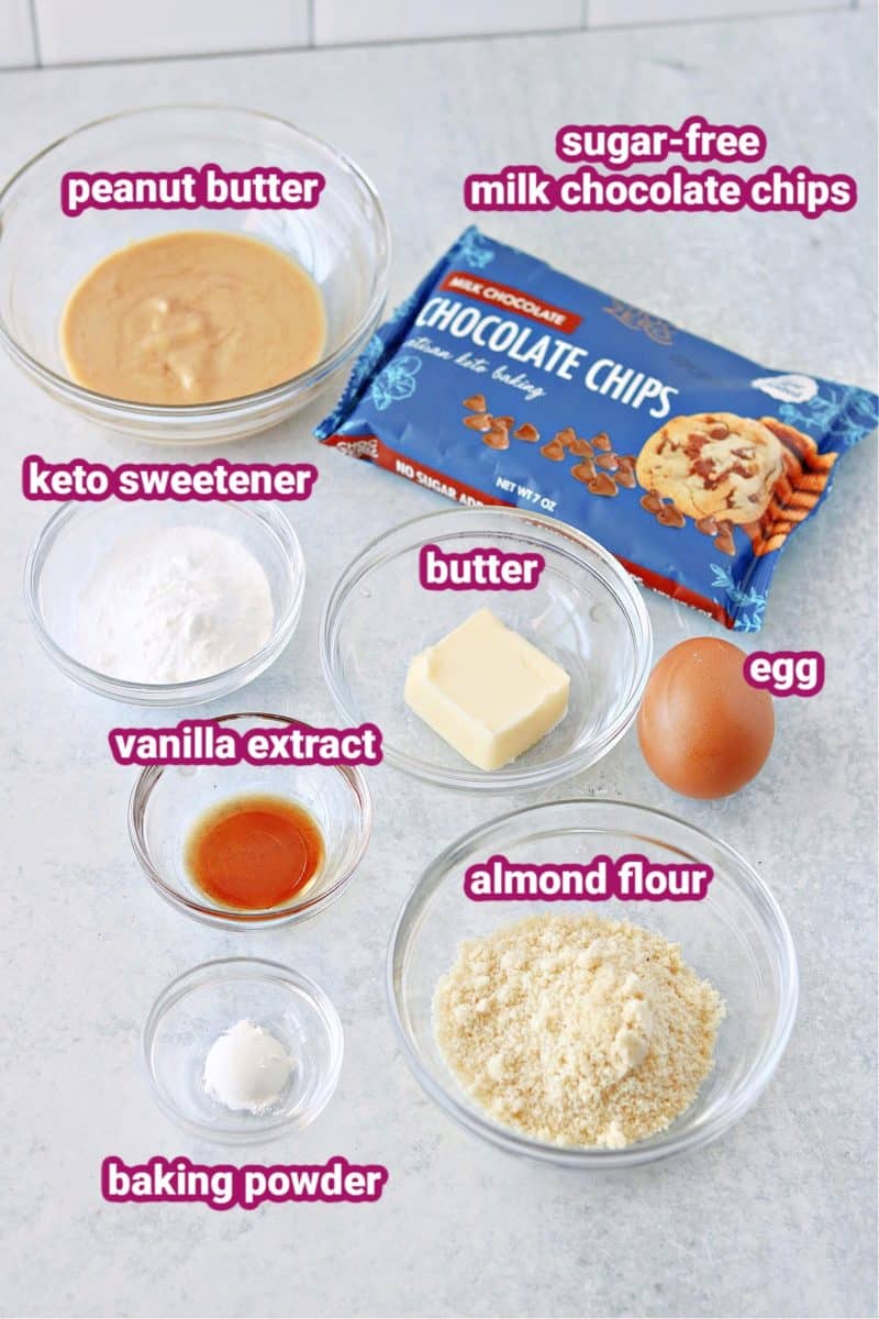 a photo of ingredients for keto peanut butter mug cake with text labels