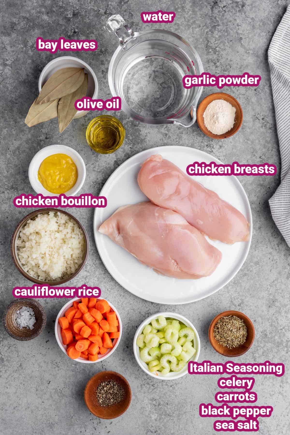 Common ingredients for keto chicken soup (such as boneless skinless chicken breasts, spices olive oil, bay leaf, and more) with cauliflower rice with labels
