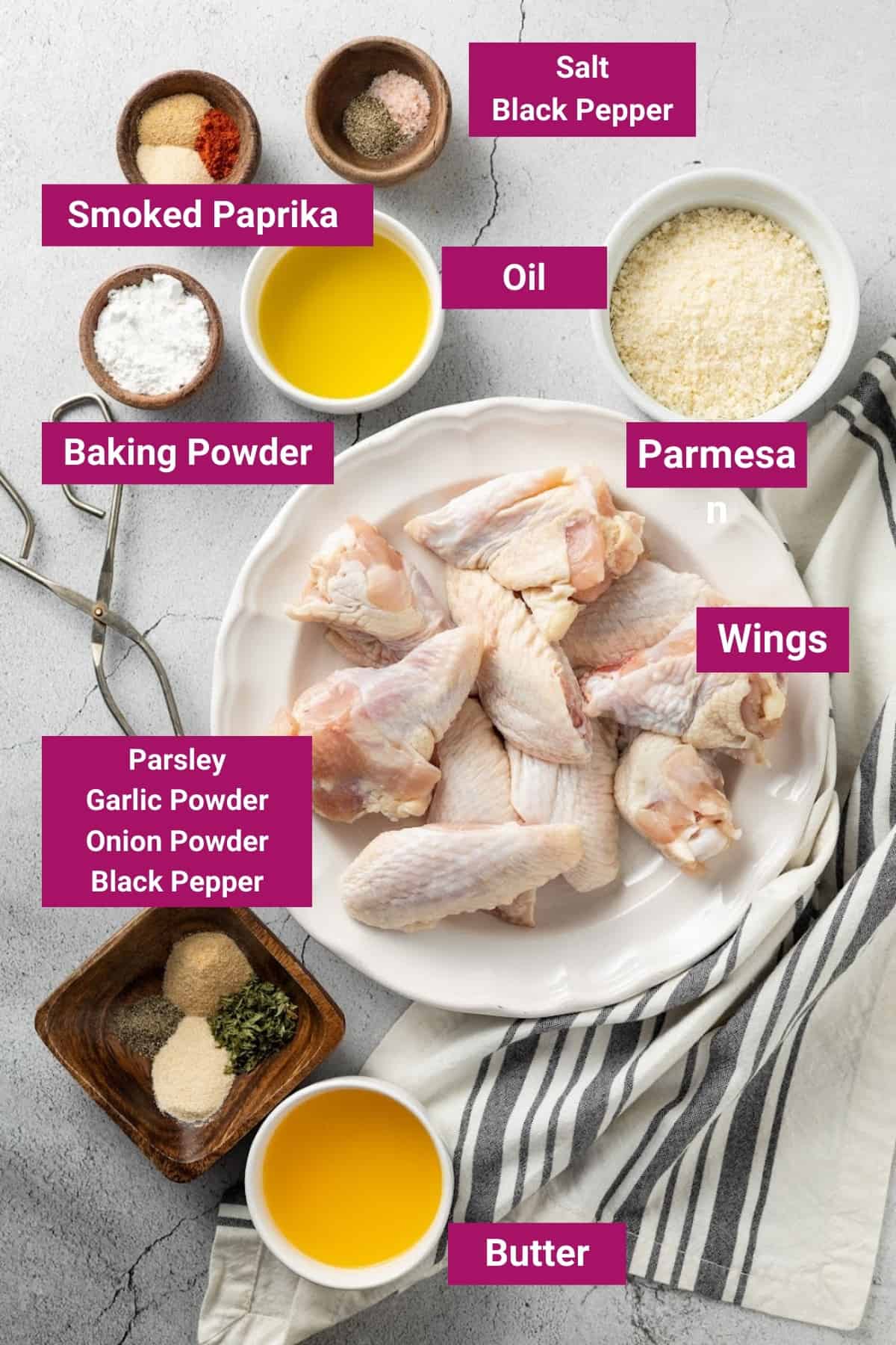 Overhead view of the labeled ingredients needed for garlic parmesan chicken wings: a plate of wings, a bowl of melted butter, a bowl of dried parsley, black pepper, garlic powder, and onion powder, a bowl of grated parmesan, a bowl of baking powder, a bowl of smoked paprika, a bowl of oil, and a bowl of salt and black pepper,