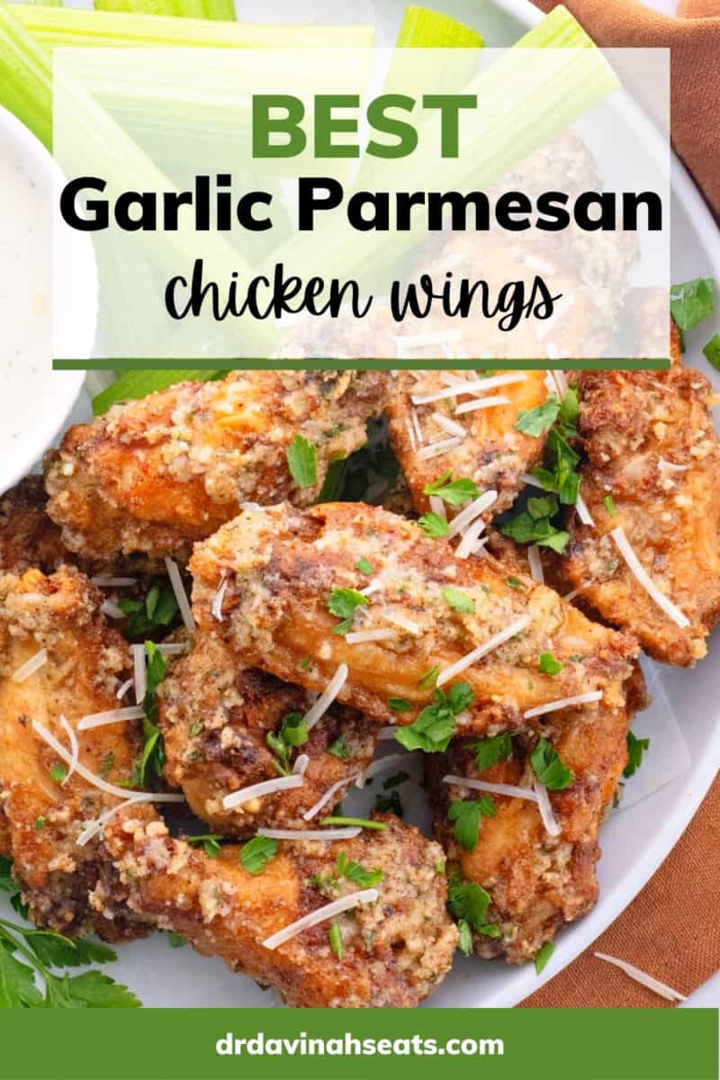 Poster with a picture of wings on a plate with celery, and a banner that says "Best Garlic Parmesan Chicken Wings"
