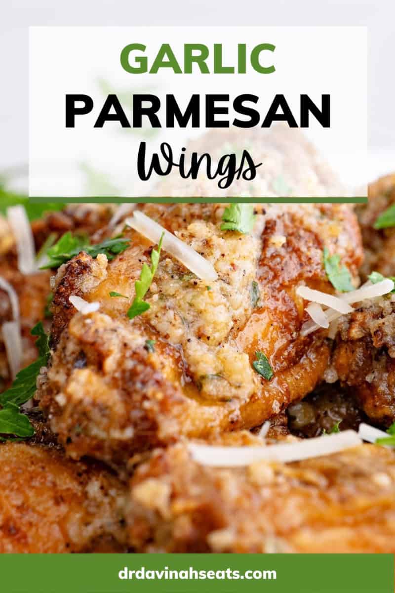 Poster with a close up of a chicken wing, with a banner that says "Garlic Parmesan Wings"