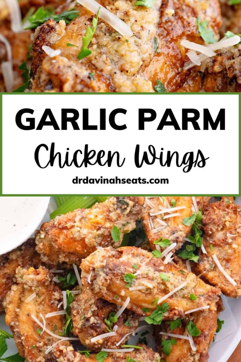 Poster with a picture of a plate of wings and a close up of a wing, with a banner that says "Garlic Parm Chicken Wings"