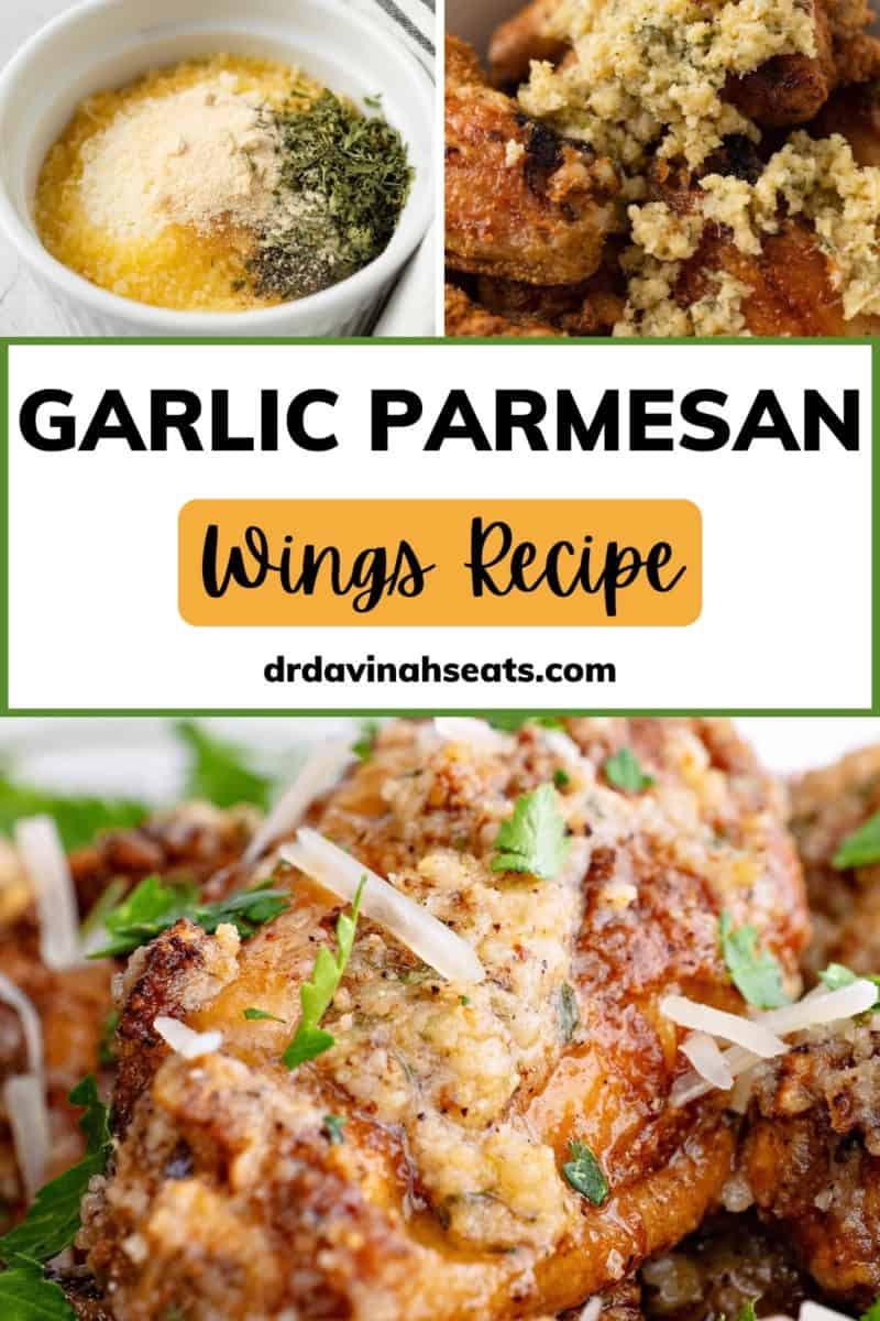 Poster with a picture of a plate of wings, a close up of a wing, and a bowl of sauce, with a banner that says "Garlic Parmesan Wings Recipe"