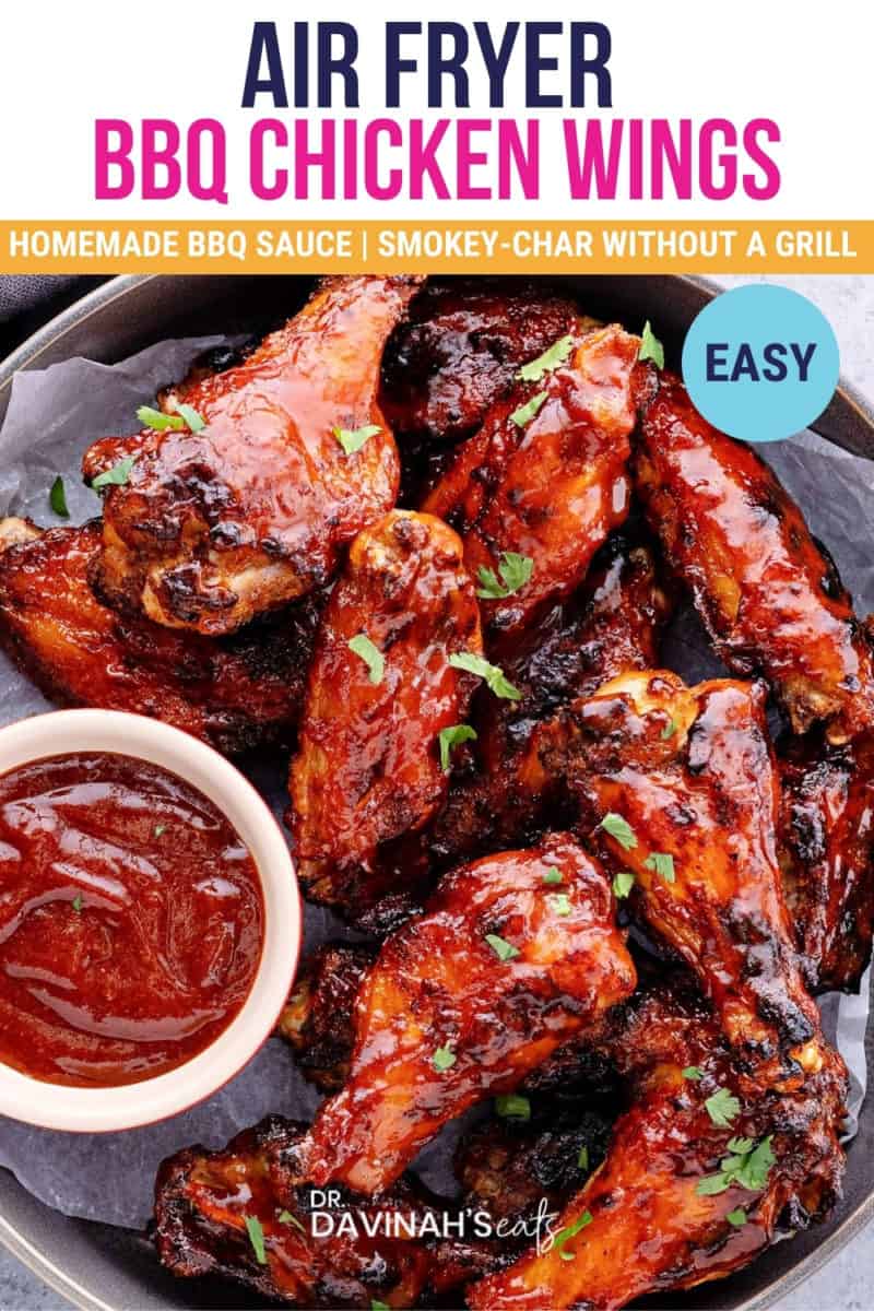 pinterest image for air fryer bbq chicken wings that says smokey char without the grill and homemade bbq sauce