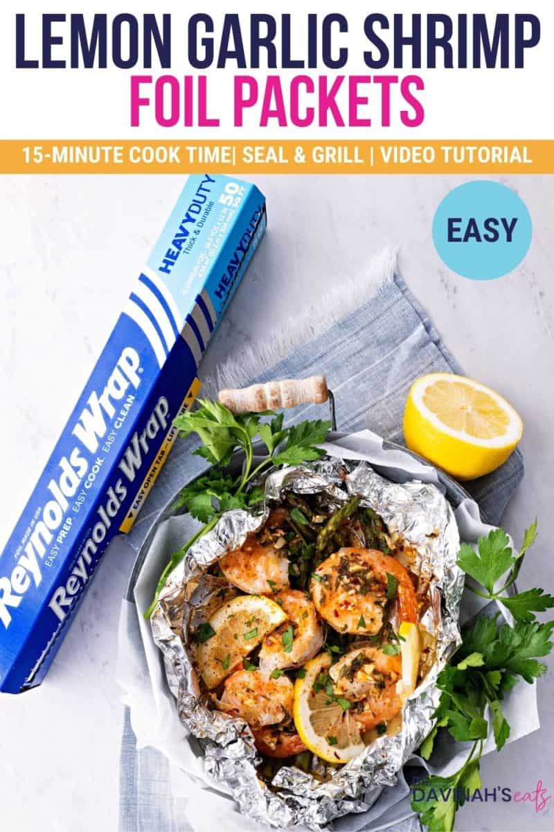 pinterest image for lemon garlic shrimp foil packets recipe