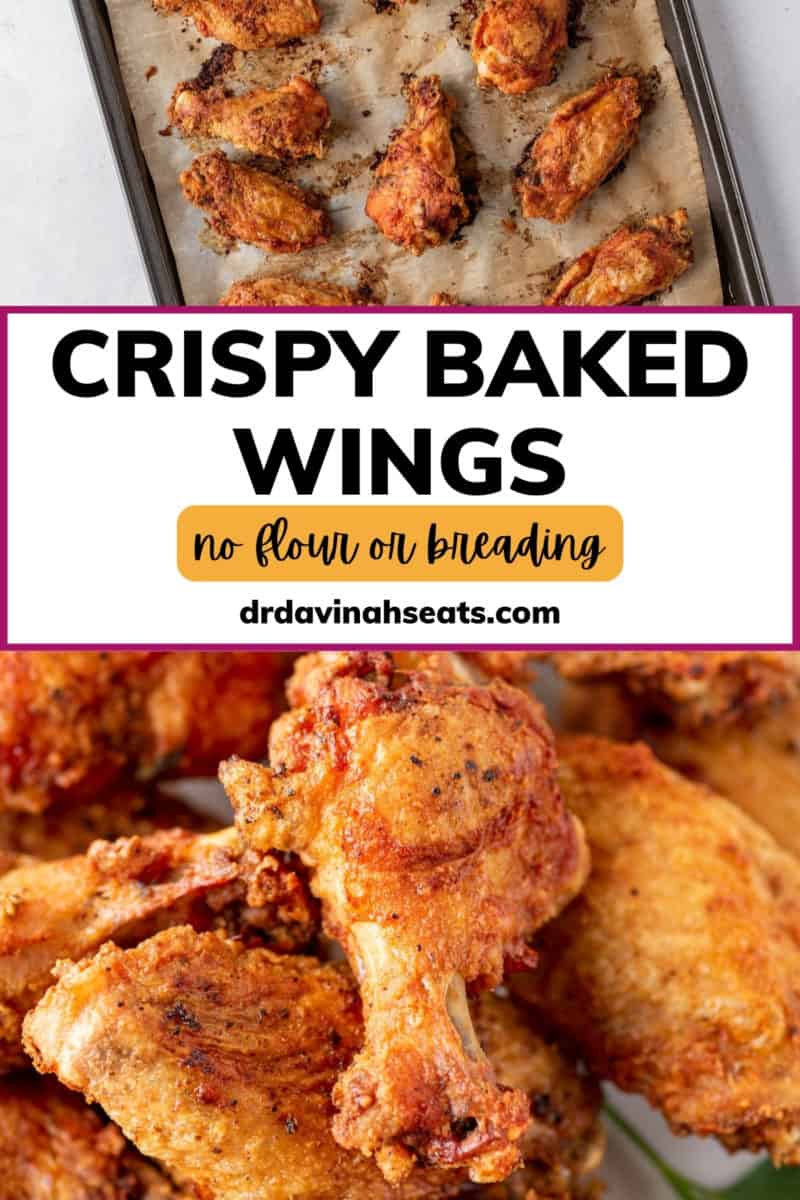 A poster with a picture of a pile of chicken wings, and a baking sheet full of chicken wings, with a banner that reads "crispy baked wings no flour or breading"