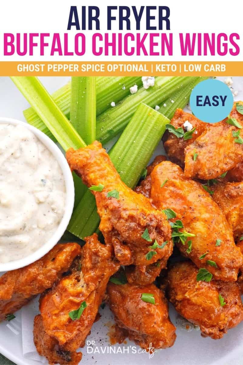 pinterest image for keto buffalo wings that says air fryer, ghost pepper spice, and low carb