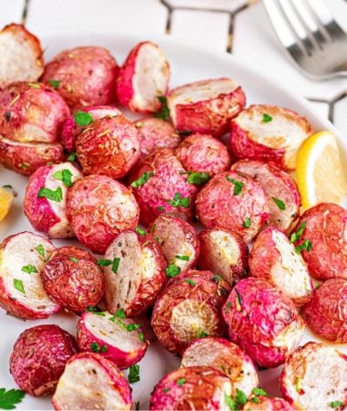close-up of a plate of radishes cooked in the Ninja Foodi air fryer