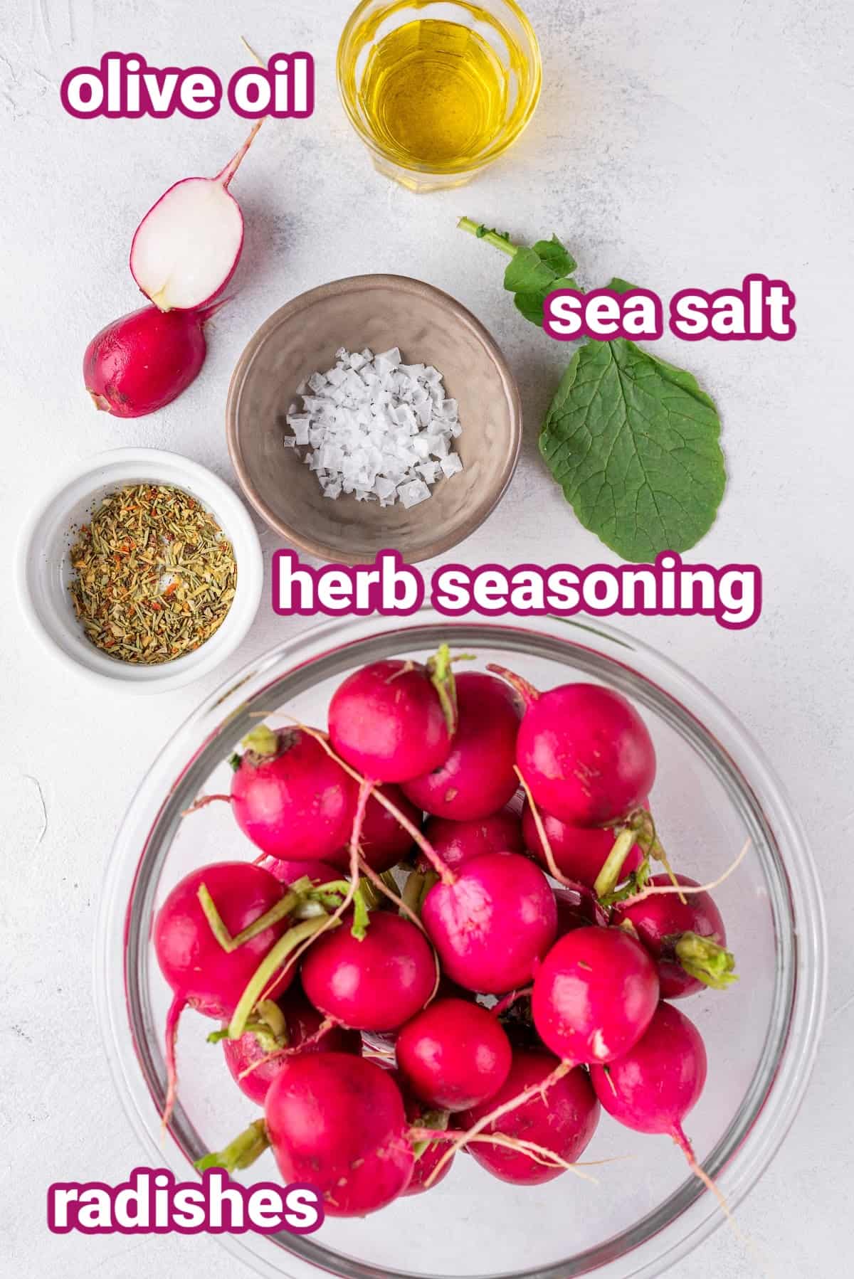 ingredients to make simple roasted air fryer radishes like olive oil, sea salt, raw radishes, and mixed herb seasoning