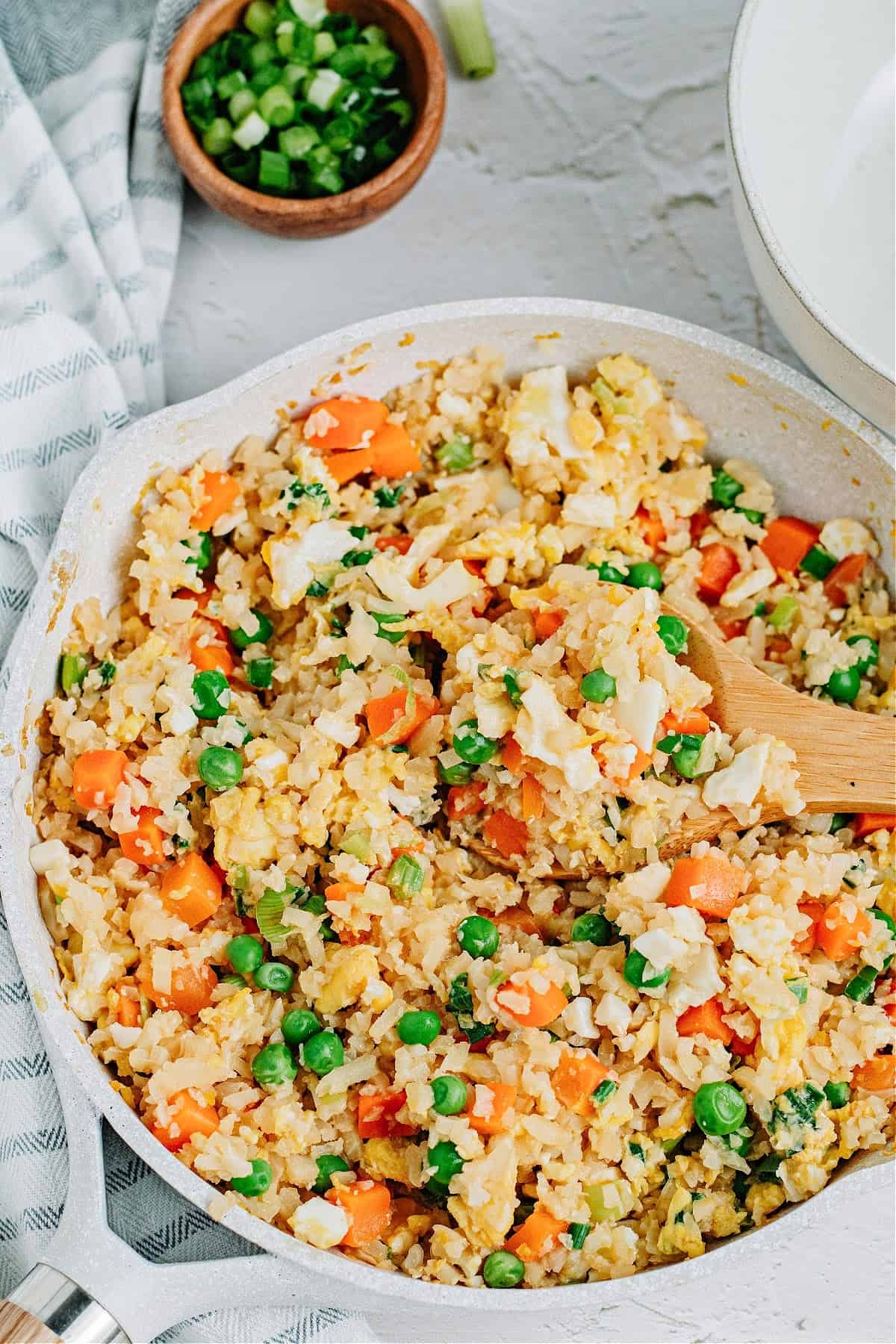 close-up of cauliflower fried rice in a large pan