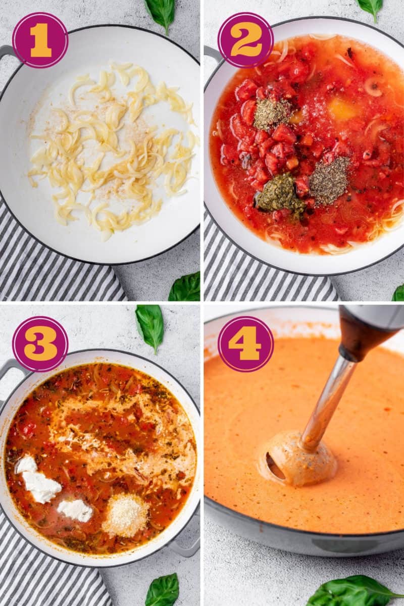 step by step photo collage of how to make keto tomato soup