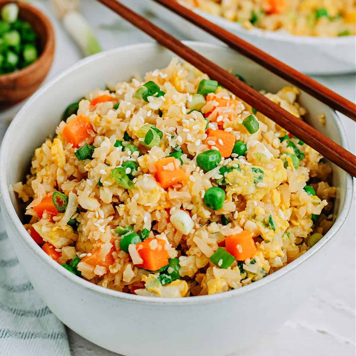 keto cauliflower fried rice in a bowl