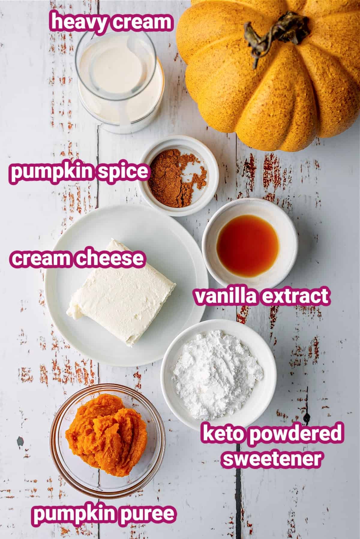 keto pumpkin mousse ingredients with text labels