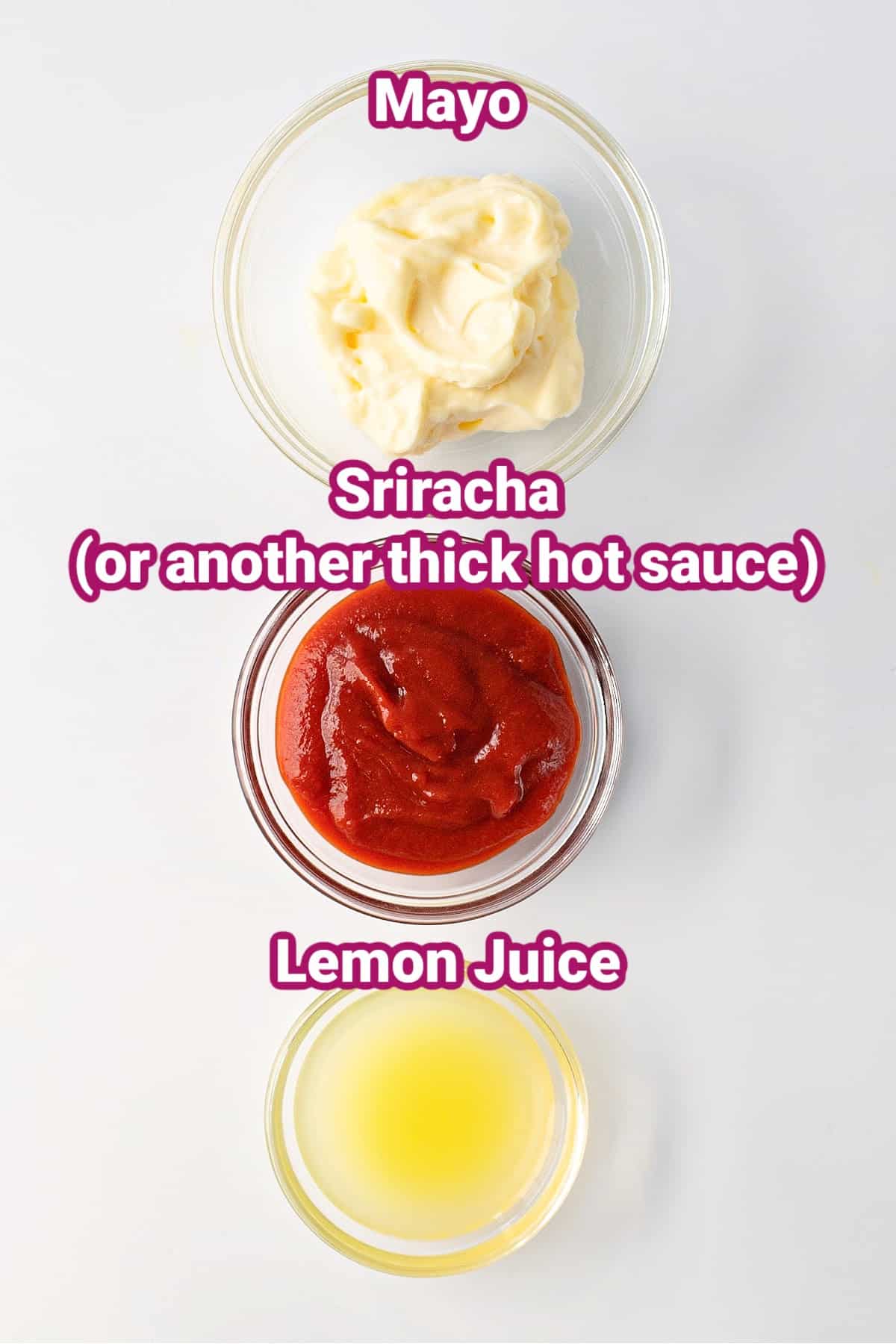ingredients in spicy mayo in separate bowls