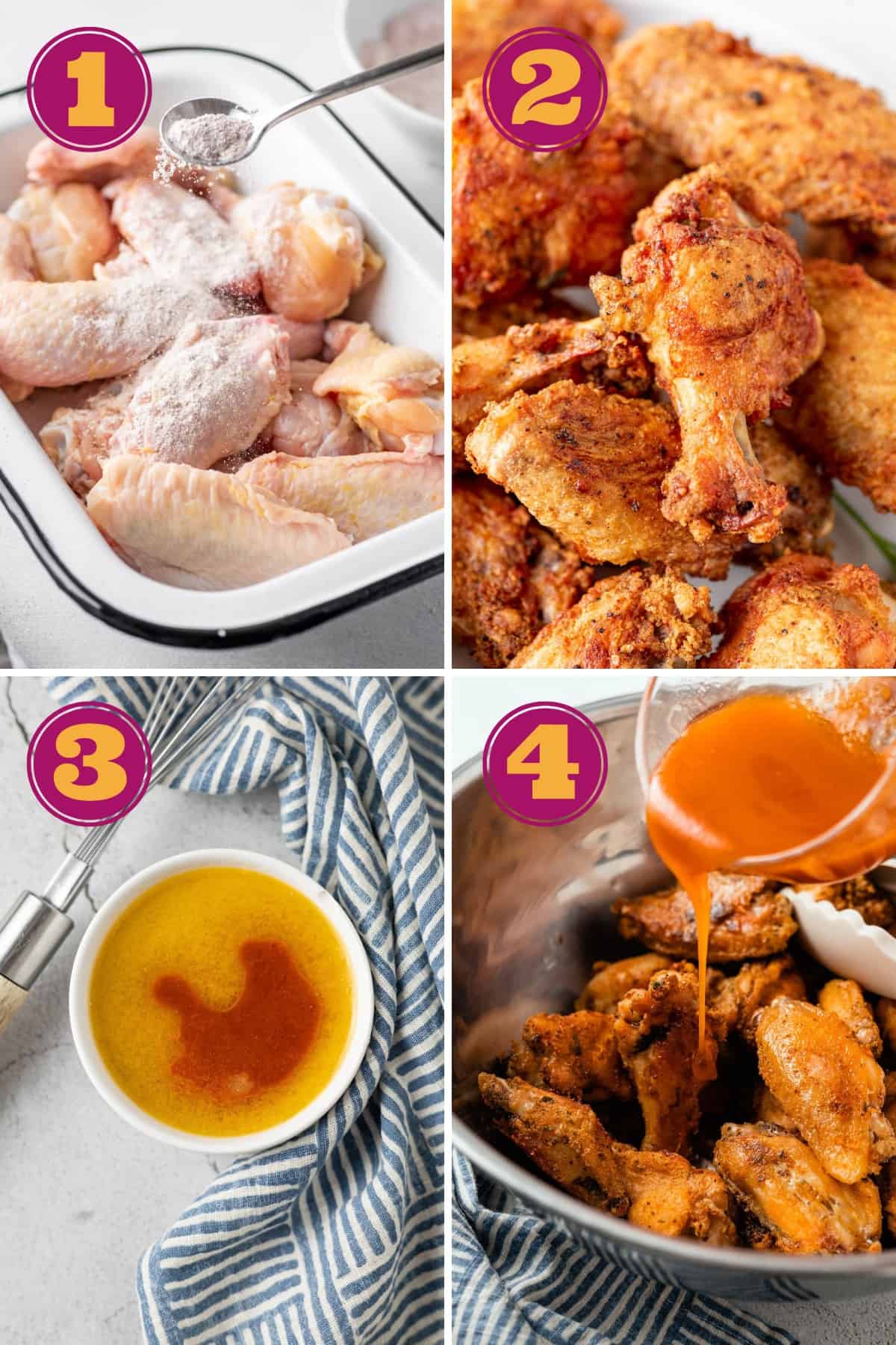 a photo collage of how to make keto buffalo wings in four steps by using a baking powder spice mix and homemade buffalo sauce