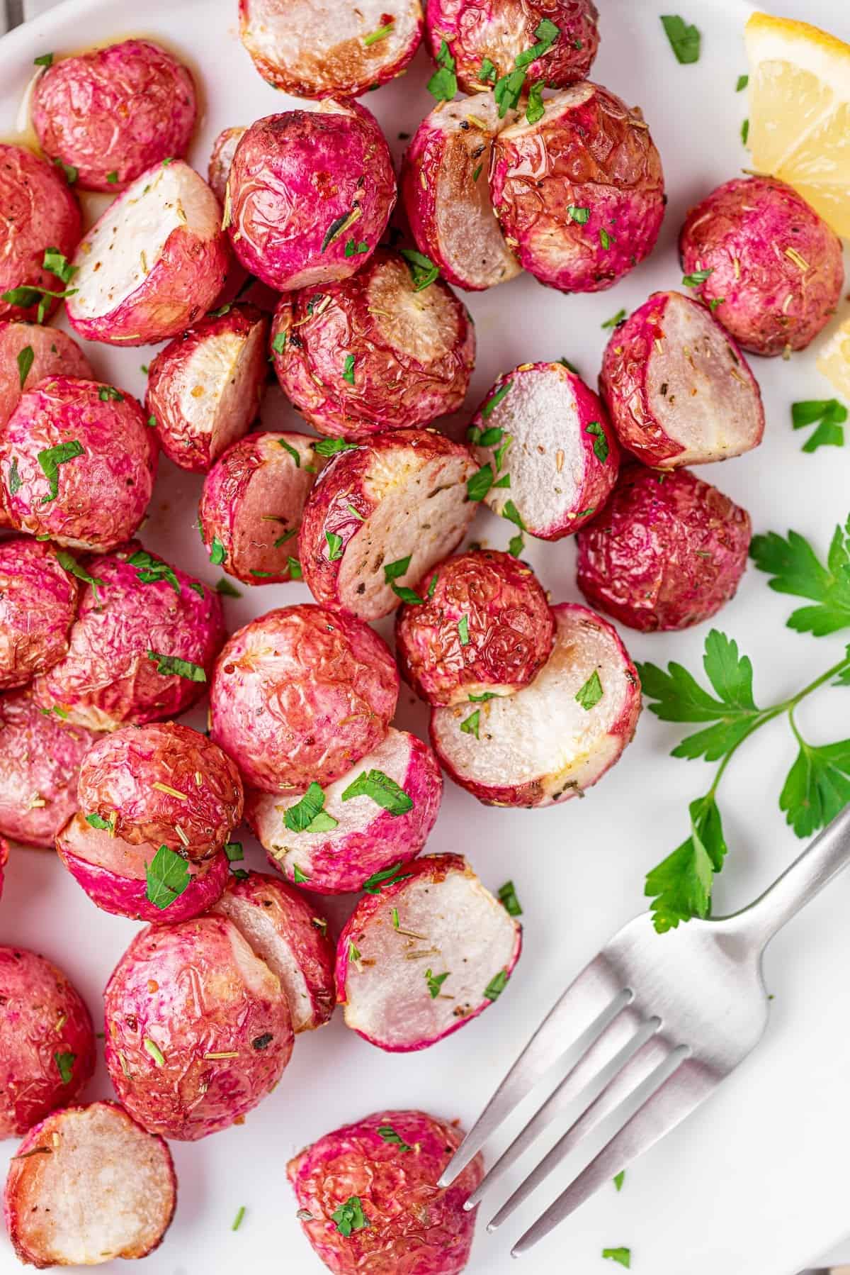 close-up of a plate of roasted ninja air fryer radishes