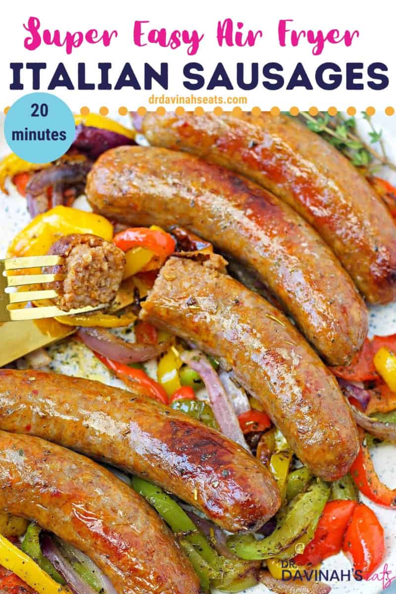 pinterest image for air fryer Italian sausages and peppers recipe