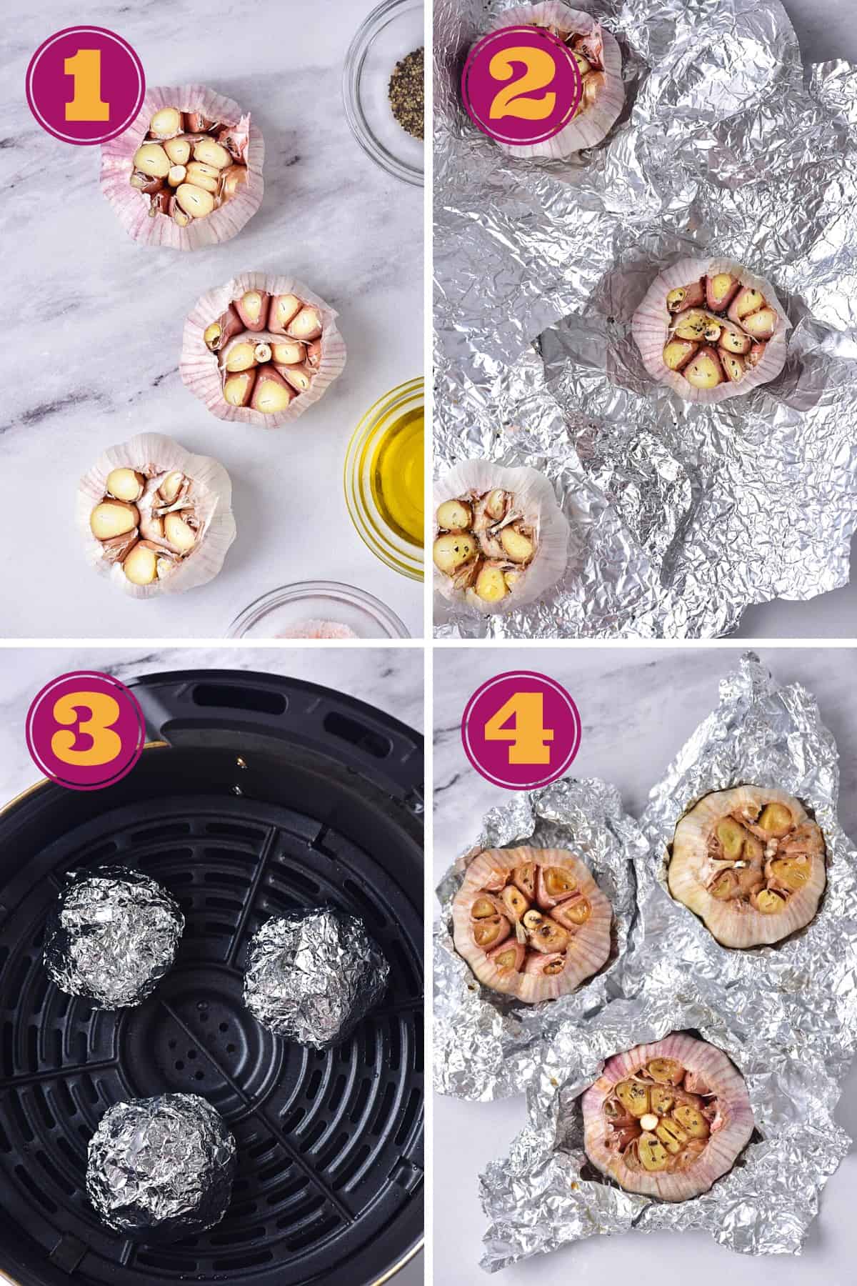 4 images showing how to make air fryer roasted garlic in four steps