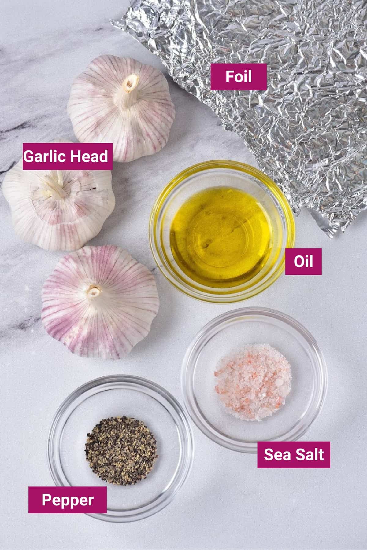 whole garlic heads, tin foil, olive oil, sea salt, and pepper