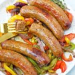 a plate of air fryer sausage and peppers