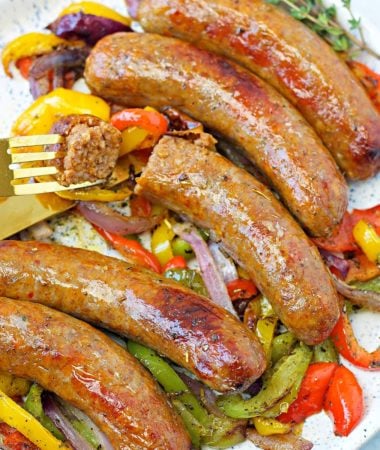 a plate of air fryer Italian sausage and peppers