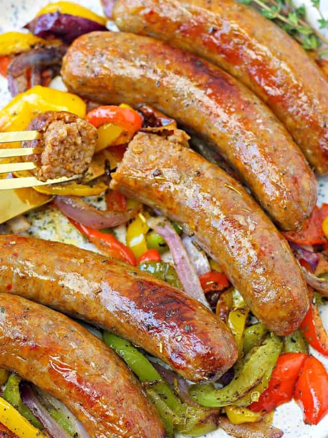 a plate of air fryer sausage and peppers