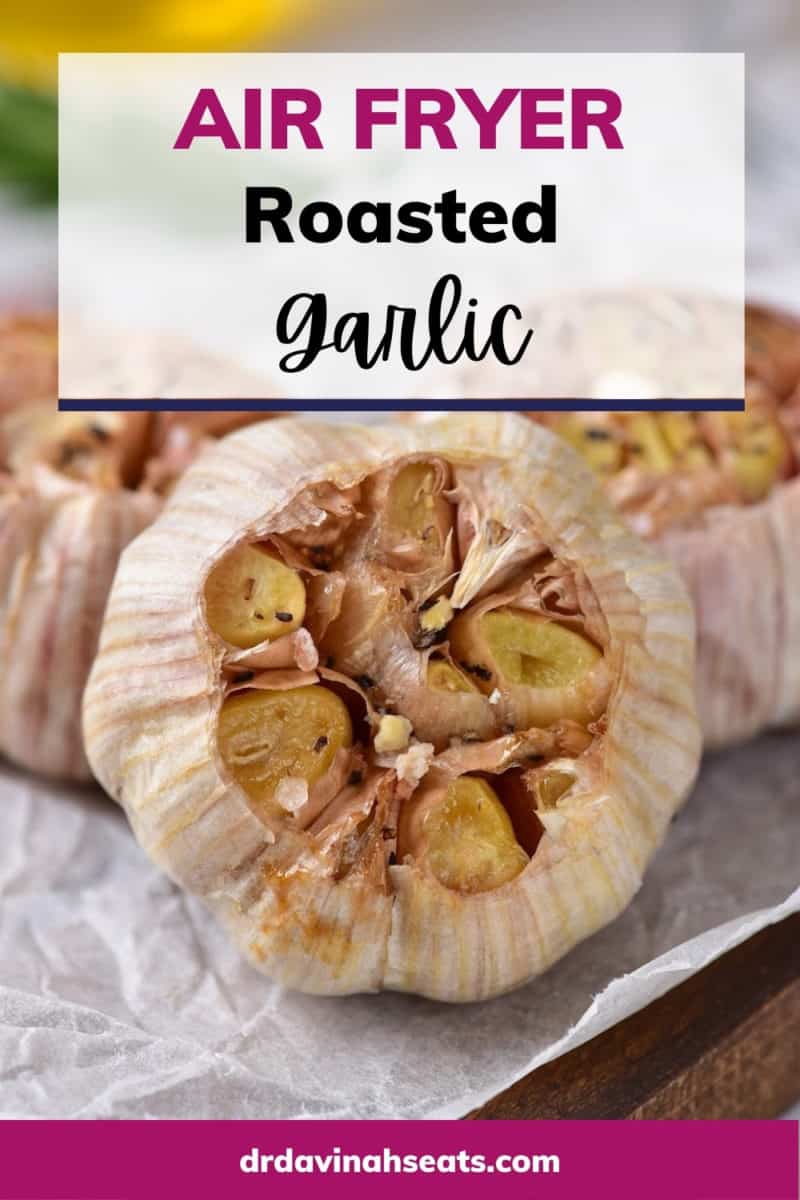 pinterest image for air fryer whole roasted garlic recipe